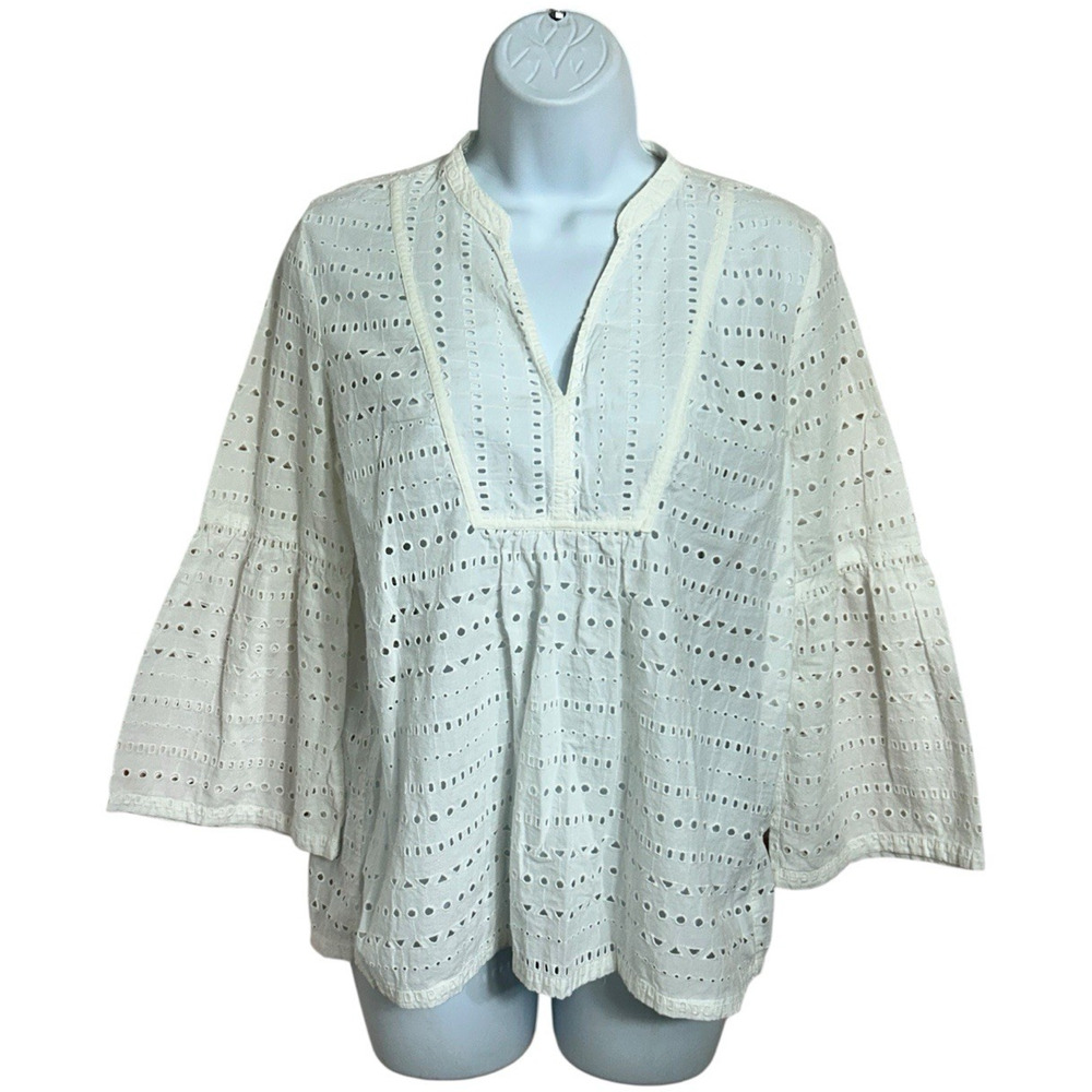Ann Taylor LOFT White Eyelet Peasant Blouse Sz S Long Bell Sleeves V-Neck Top - Picture 6 of 6